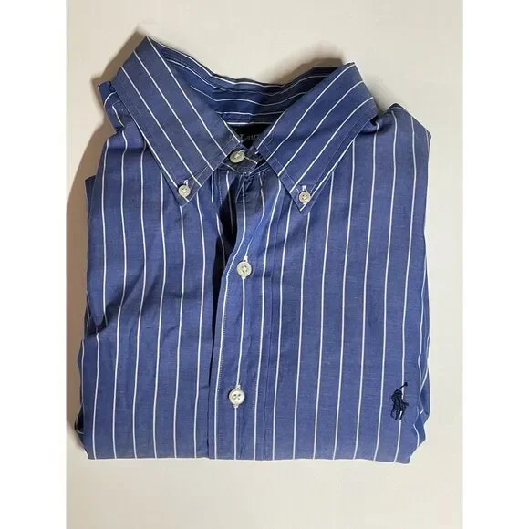 Ralph Lauren Yarmouth Blue Stripe 100% Cotton Long Sleeve Shirt 16.5 Large - Picture 2 of 8